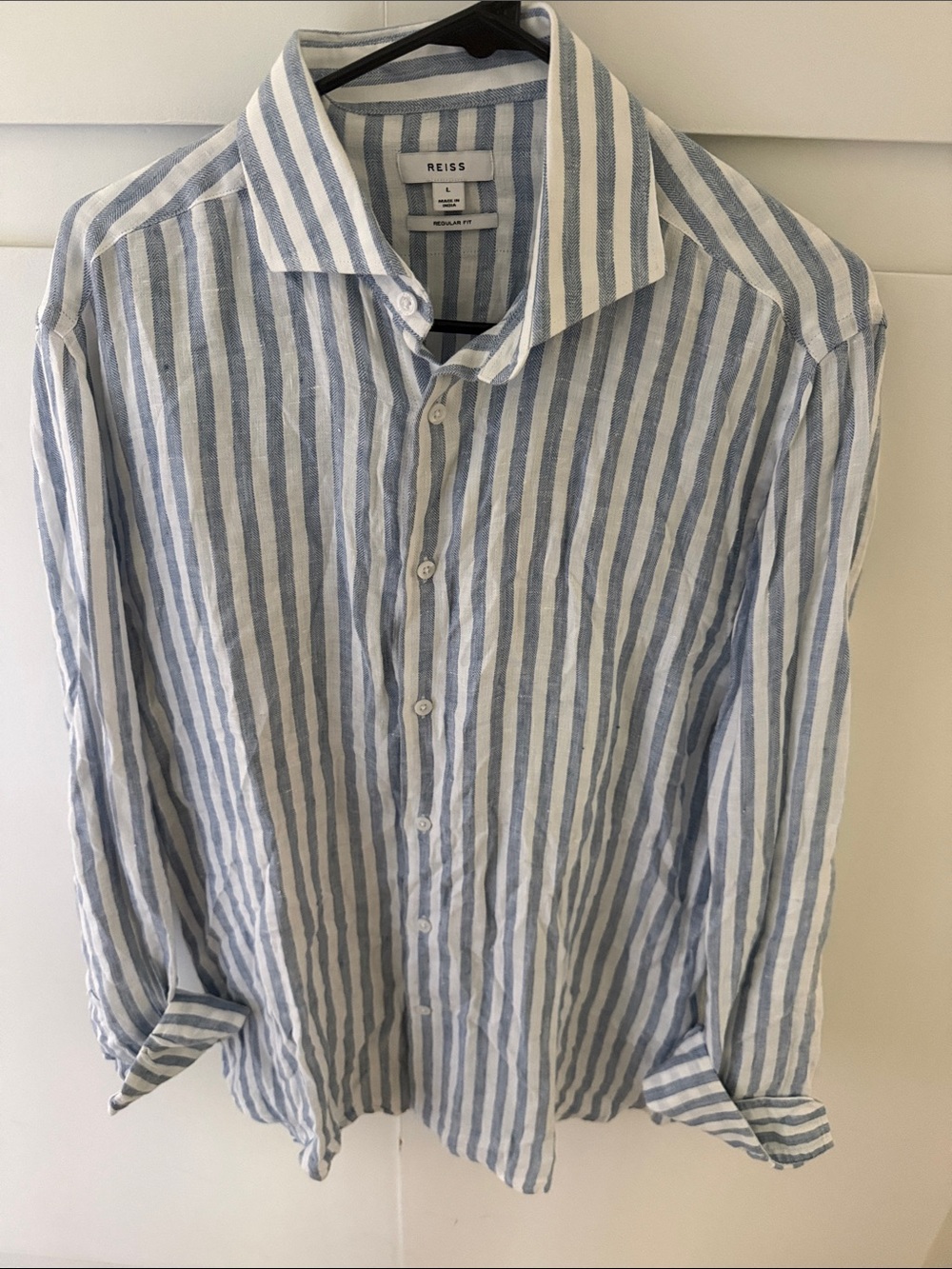 Reiss Men’s Light Blue and White Vertical Stripe Linen Shirt